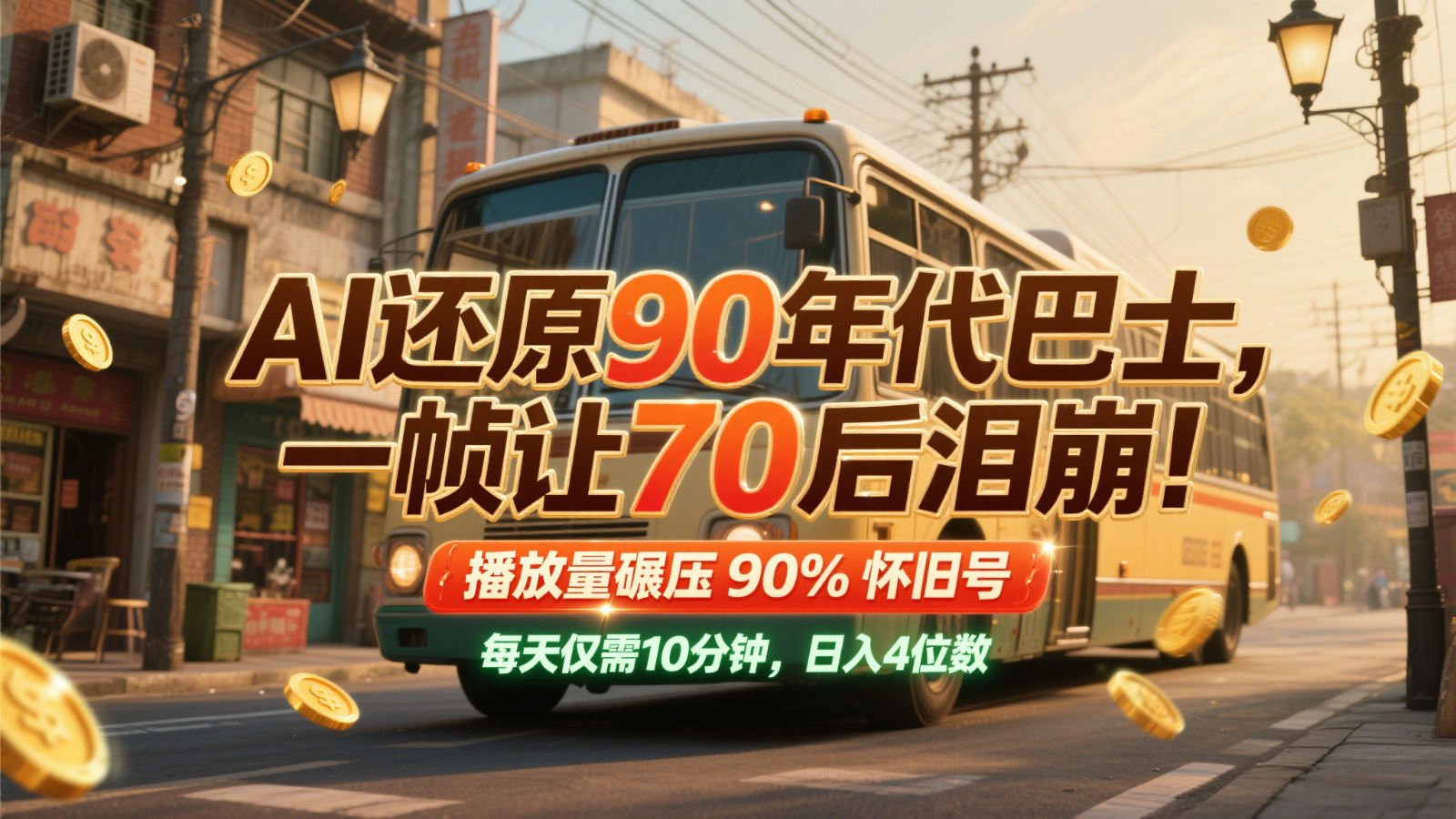AI还原90年代巴士，一帧让70后泪崩！播放量碾压90%怀旧号，每天10分钟，日入4位数-轻金阁