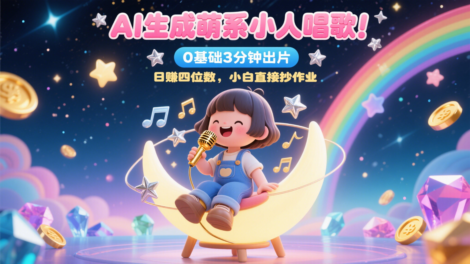 AI生成萌系小人唱歌！0基础3分钟出片，28个作品涨粉9万，日赚四位数，小白直接抄作业-轻金阁
