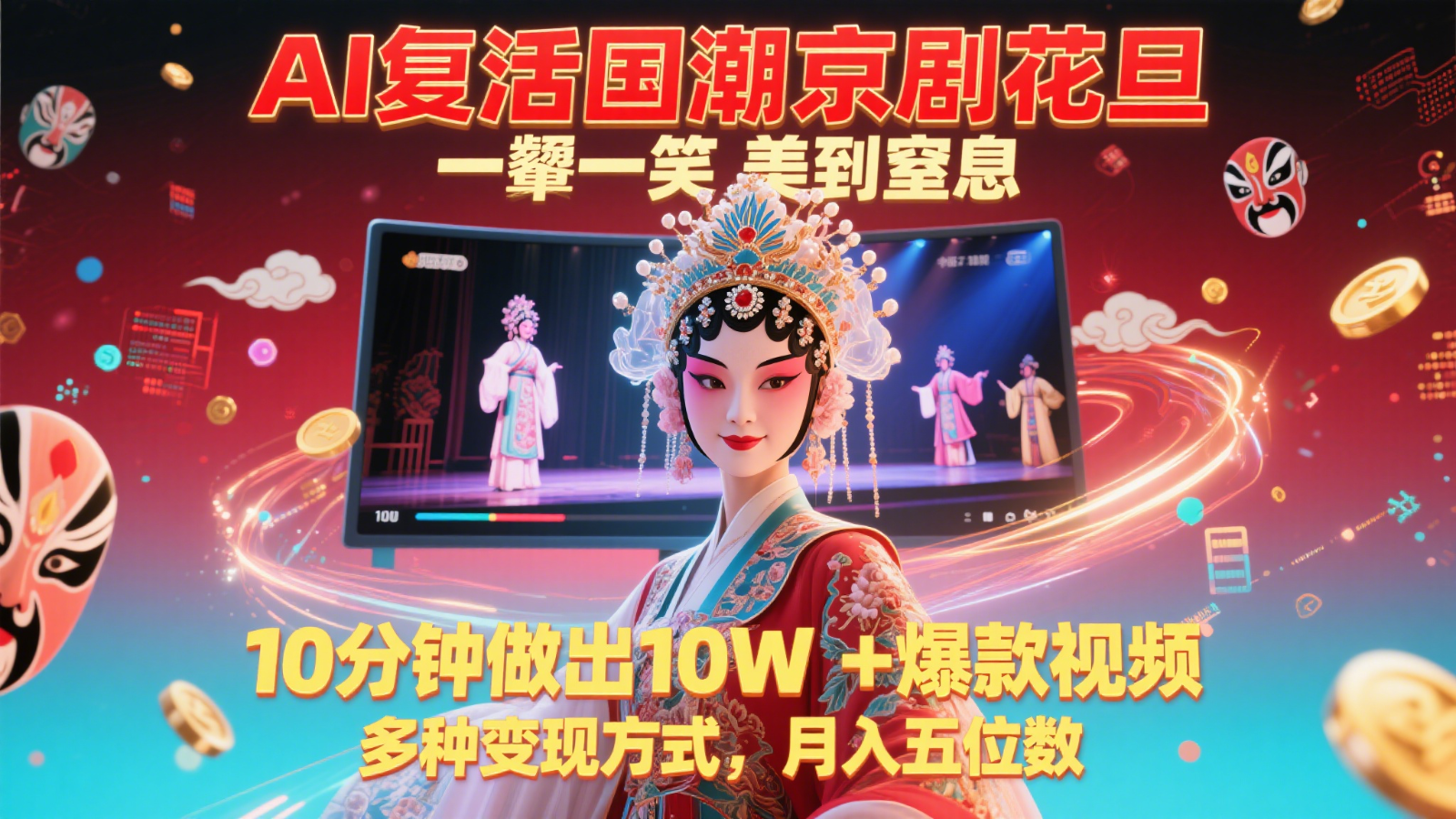AI复活国潮京剧花旦，一颦一笑美到窒息，10分钟做出10W+爆款视频，多种变现方式-轻金阁