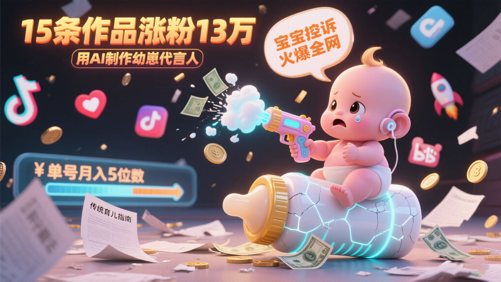 用AI制作幼崽代言人，宝宝的控诉火爆全网，15条作品涨粉13万，单号月入5位数实操教程-轻金阁