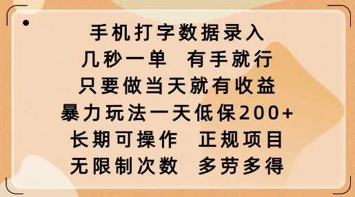 手机打字数据录入，几秒一单，有手就行，只要做当天就有收益，暴力玩法一天低保2张-轻金阁