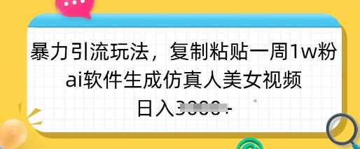 暴力引流玩法，复制粘贴一周1w粉，ai软件生成仿真人美女视频，日入多张-轻金阁
