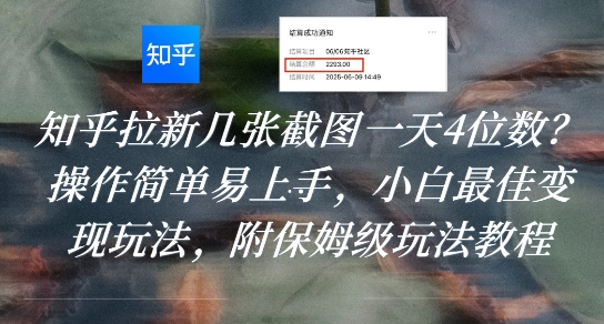 知乎拉新几张截图一天4位数？操作简单易上手，小白最佳变现玩法，附保姆级玩法教程-轻金阁