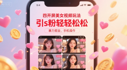 四开屏美女视频玩法，引s粉轻轻松松，暴力掘金，手机操作【揭秘】-轻金阁