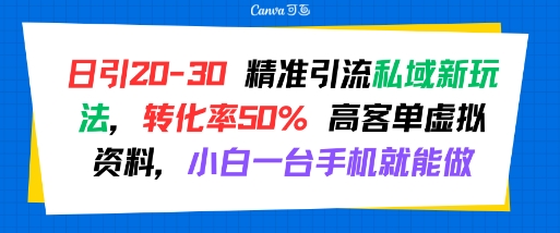 日引 20-30 精准引流私域新玩法，转化率50% 高客单虚拟资料，小白一台手机就能做-轻金阁
