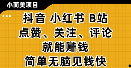 小而美的项目，抖音小红书B站视频点赞、关注、评论就能挣钱，简单无脑立见收益，妥妥的零撸项目【揭秘】-轻金阁