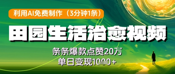 利用AI免费制作田园生活治愈视频，条条爆款点赞20W，单日变现几张-轻金阁