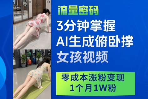 3分钟掌握AI生成俯卧撑女孩视频，零成本涨粉变现，1个月1W粉-轻金阁