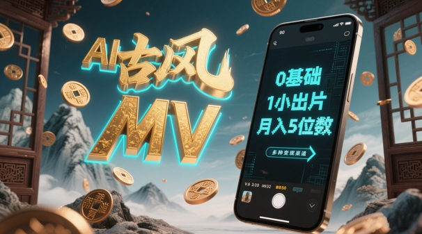 AI一键生成古风音乐MV，0剪辑基础1小时出片，多种变现渠道，一部手机月入5位数-轻金阁