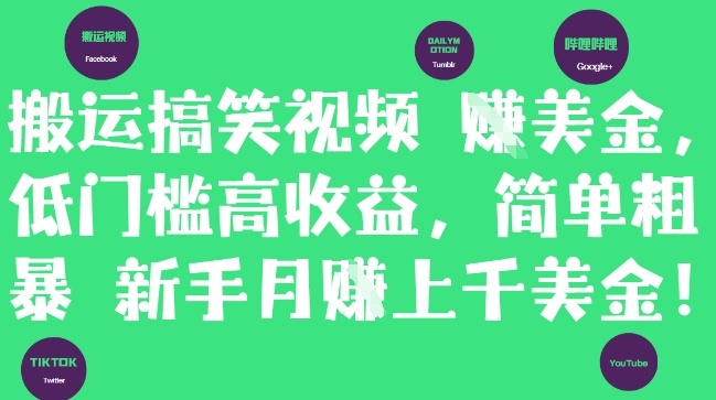 搬运搞笑视频挣美金，低门槛高收益，简单粗暴新手月入上千美刀-轻金阁