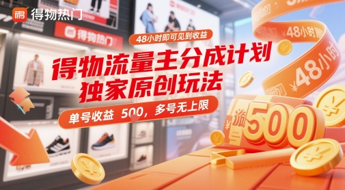 得物流量主分成计划独家原创玩法，48小时即可见到收益，单号收益5张，多号无上限【揭秘】-轻金阁