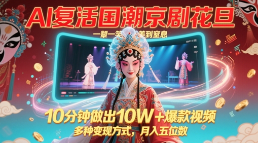 AI复活国潮京剧花旦，一颦一笑美到窒息，10分钟做出10W+爆款视频，多种变现方式，月入五位数-轻金阁