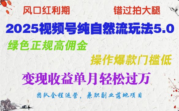 2025视频号纯自然流玩法5.0，绿色正规高佣金，操作爆款门槛低，变现收益单月轻松过万-轻金阁