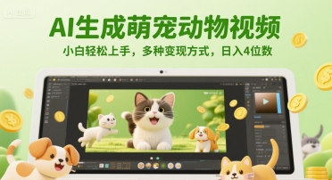 AI生成萌宠动物视频，小白轻松上手，多种变现方式，日入4位数-轻金阁