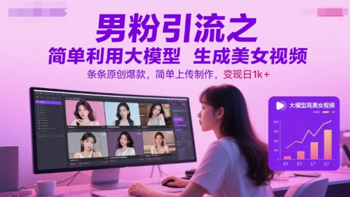 男粉引流之简单利用大模型生成美女视频，条条原创爆款，简单上传制作，变现日1k+-轻金阁