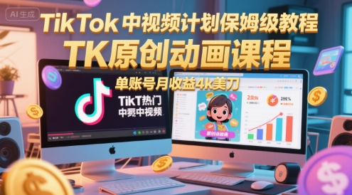 TikTok中视频计划保姆级教程，TK原创动画课程，单账号月收益4k美刀-轻金阁