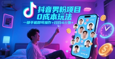 抖音男粉项目0成本玩法，一部手机即可操作，日均4张+，时间自由-轻金阁