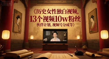 历史女性独白视频，13个视频10w粉丝，伙伴计划，视频号分成等-轻金阁
