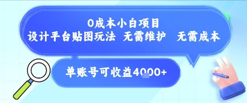 0成本小白项目，设计平台贴图玩法，无需维护，无需成本，单账号单月可产生收益4k+-轻金阁