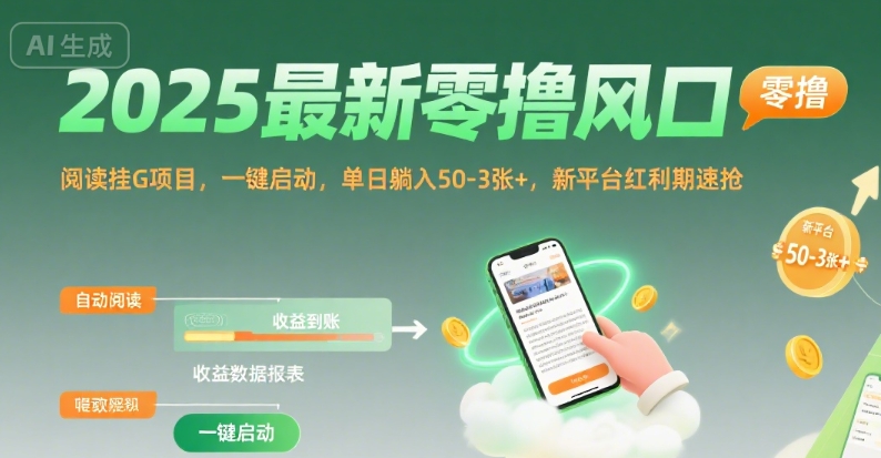 2025最新零撸风口，阅读挂G项目，一键启动，单日躺入 50-3张+，新平台红利期速抢【揭秘】-轻金阁