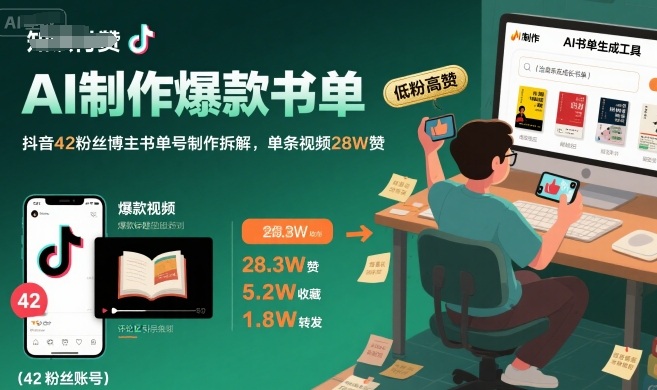 AI制作爆款书单，抖音42粉丝博主书单号制作拆解，单条视频28W赞-轻金阁