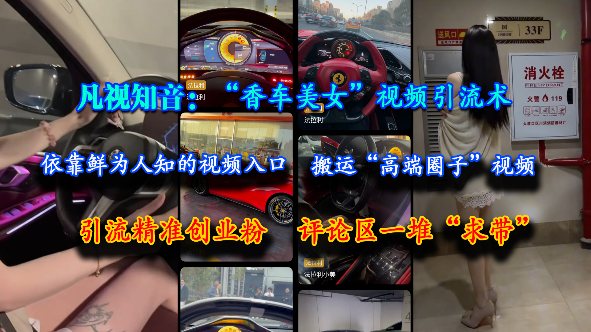 （15199期）凡视知音：“香车美女”视频引流术，依靠鲜为人知的视频入口，搬运“高端圈子”视频，引流精准创业粉，评论区一堆“求带”-轻金阁