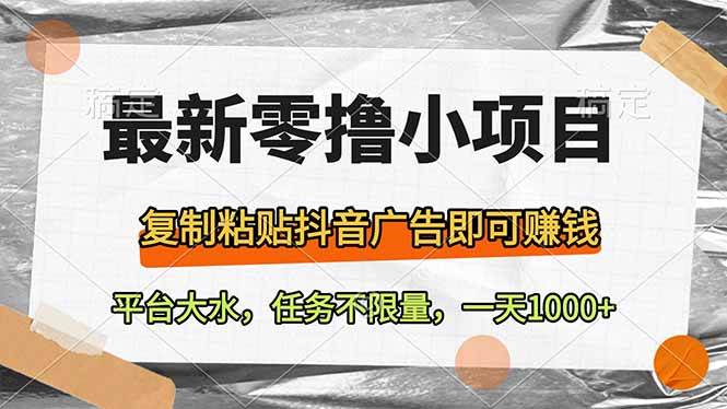 （14230期）最新零撸小项目，复制粘贴抖音广告即可赚钱，平台大水，任务不限量，一…-轻金阁