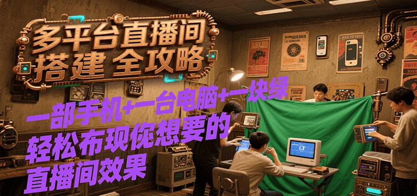 多平台直播间搭建全攻略，一部手机+一台电脑+一块绿布轻松实现你想要的直播间效果-轻金阁