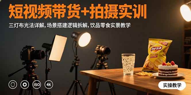 （15540期）短视频带货+拍摄实训：三灯布光法详解,场景搭建逻辑拆解,饮品零食实景教学-轻金阁