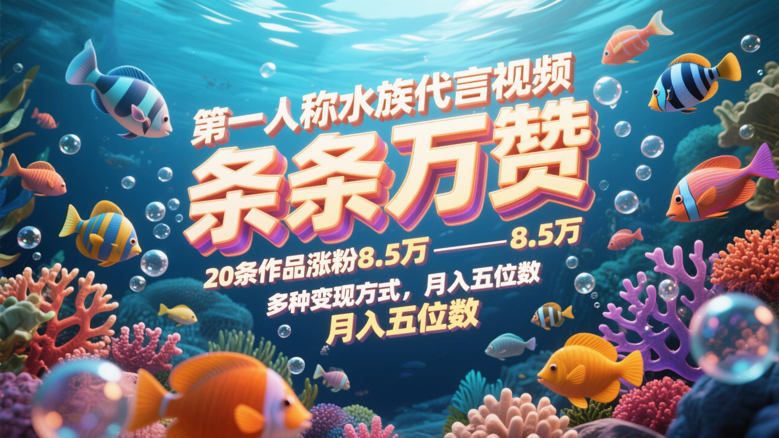 第一人称水族代言视频，条条万赞，20条作品涨粉8.5万，多种变现方式月，入五位数-轻金阁