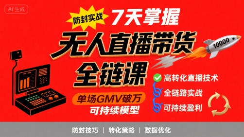 无人直播带货全链防封实战课，7天掌握高转化直播技术，实现单场GMV破万可持续模型-轻金阁