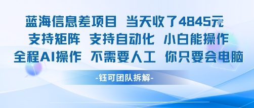 蓝海信息差项目当天收米1k+ 支持矩阵支持自动化小白能操作全程AI操作不需要人工你只要会电脑-轻金阁
