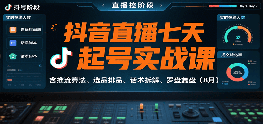 抖音直播七天起号实战课：含推流算法、选品排品、话术拆解、罗盘复盘（8月）-轻金阁