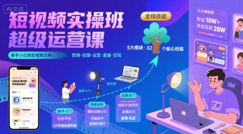 短视频实操班超级运营课，新手小白到短视频大神必修课程，剪辑-拍摄-运营-直播-变现-轻金阁