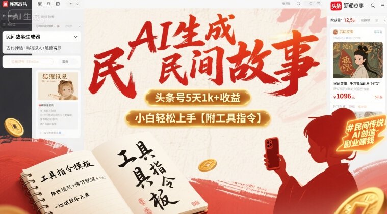 AI生成民间故事，头条号5天1k+，小白轻松上手【附工具指令】-轻金阁