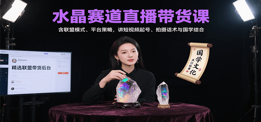 水晶赛道直播带货课：含联盟模式、平台策略，讲短视频起号、拍摄话术与国学结合-轻金阁