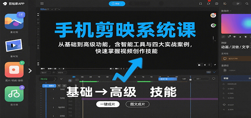 手机剪映系统课，从基础到高级功能，含智能工具与四大实战案例，快速掌握视频创作技能-轻金阁