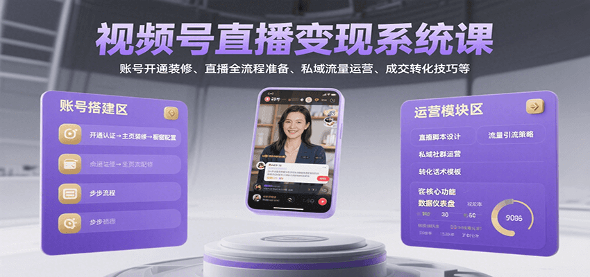 视频号直播变现系统课，账号开通装修、直播全流程准备、私域流量运营、成交转化技巧等-轻金阁