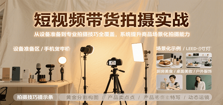 短视频带货拍摄实战，从设备准备到专业拍摄技巧全覆盖，系统提升商品场景化拍摄能力-轻金阁