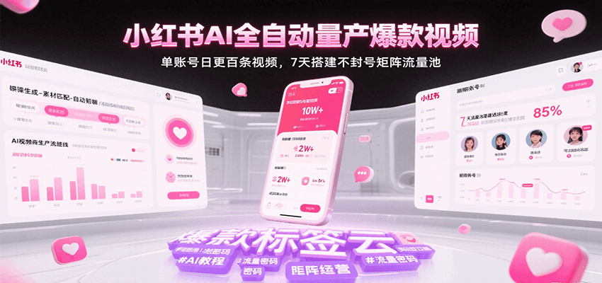 小红书AI全自动量产爆款视频，单账号日更百条视频，7天搭建不封号矩阵流量池-轻金阁