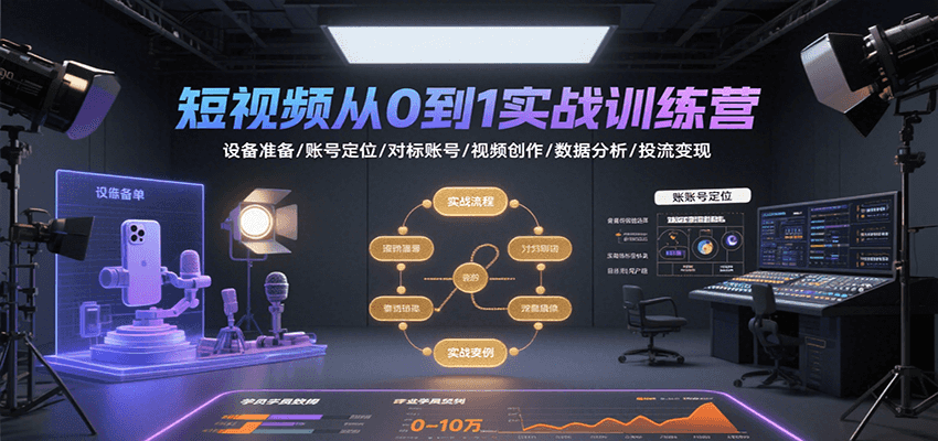 短视频从0到1实战训练营：设备准备/账号定位/对标账号/视频创作/数据分析/投流变现-轻金阁