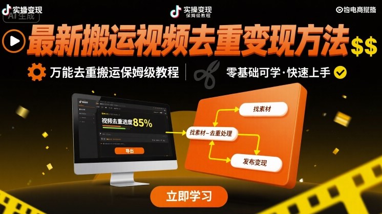 最新搬运视频去重变现方法，万能去重搬运保姆级教程-轻金阁