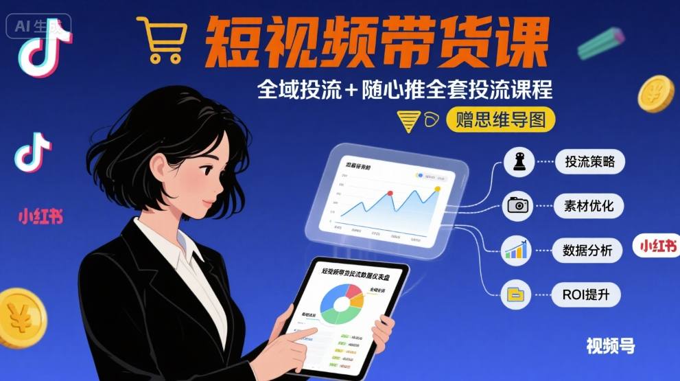 最新短视频带货课，全域投流+随心推全套投流课程+思维导图-轻金阁