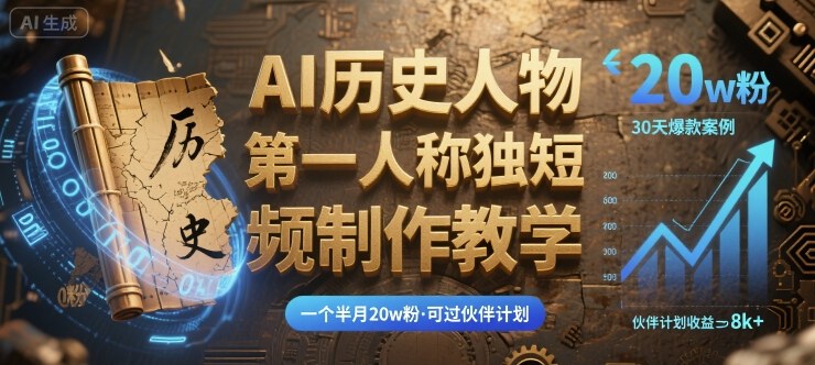 最新AI历史人物第一人称独白短视频制作教学，一个半月20w粉，可过伙伴计划-轻金阁