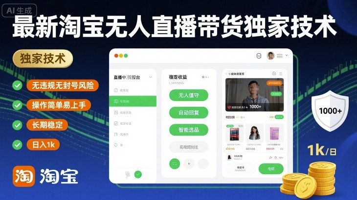 最新淘宝无人直播带货独家技术，无违规无封号风险，操作简单易上手，长期稳定日入1k【揭秘】-轻金阁