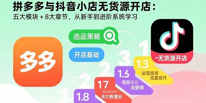 （15805期）拼多多与抖音小店无货源开店：五大模块+8大章节，从新手到进阶系统学习-轻金阁